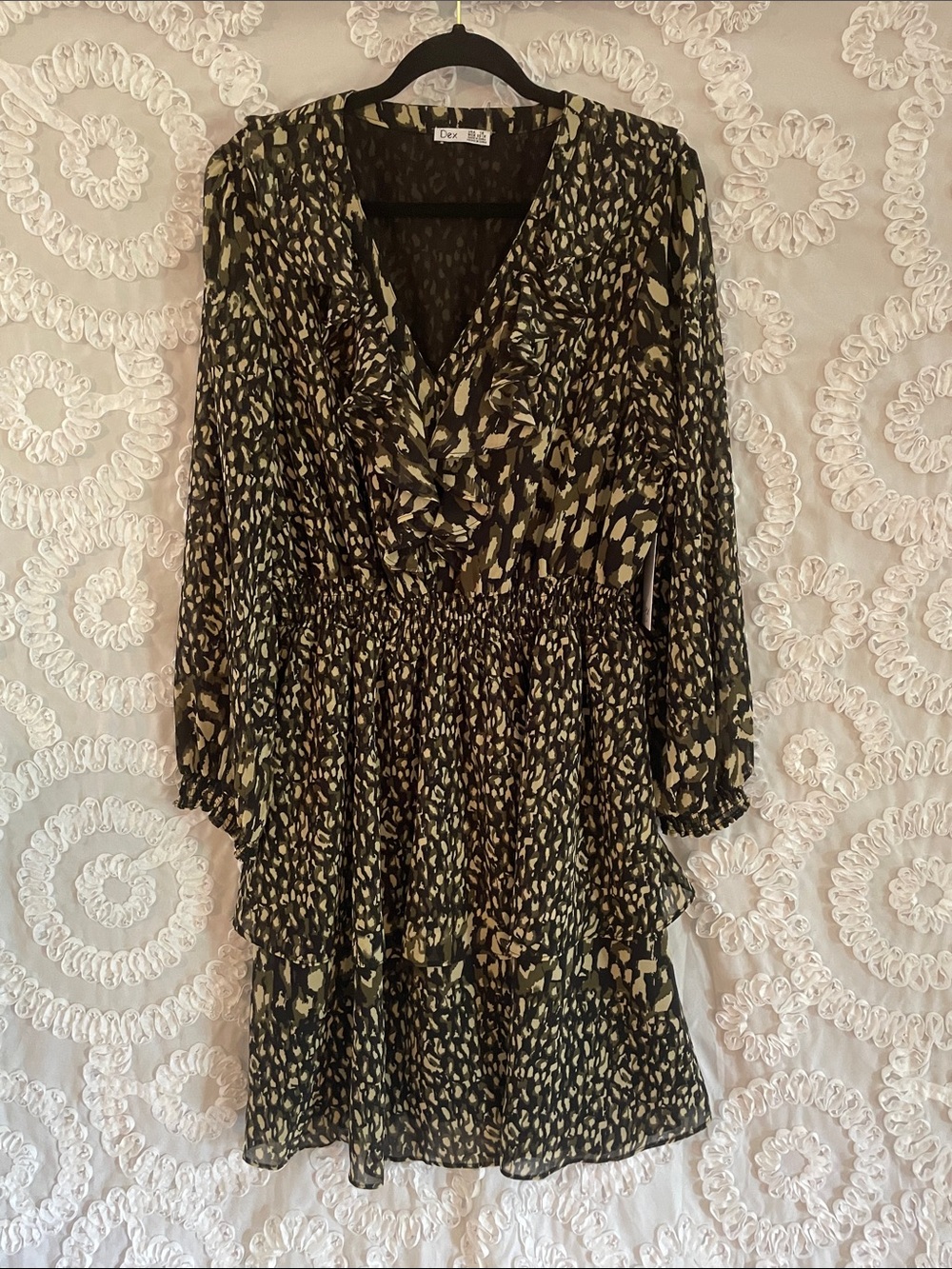 Dex Plus Tiered V-Neck Animal Printed Sheer Long Sleeve Dress, Olive Cream Black